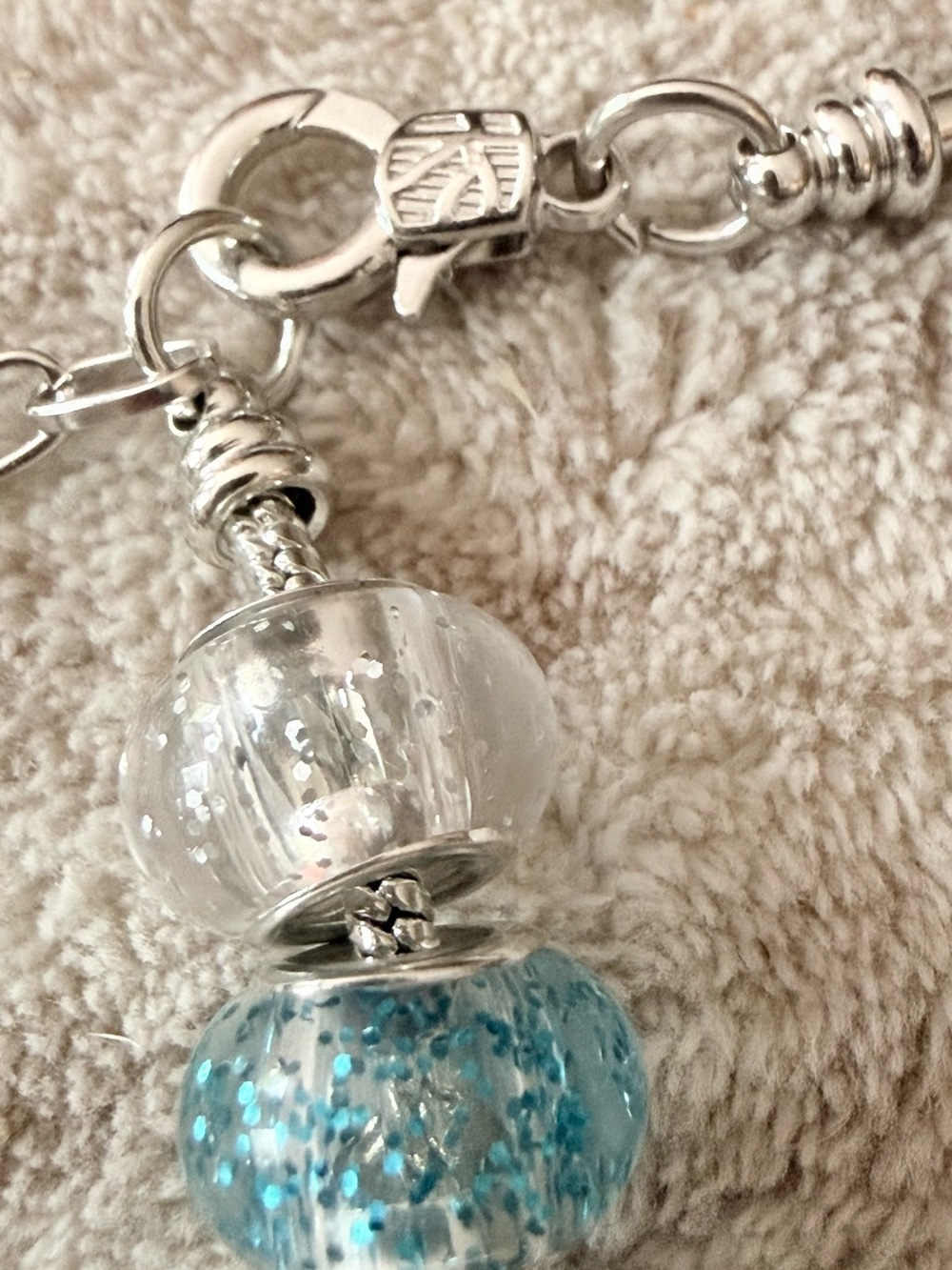 Silver Charm Adjustable Bracelet with Blue and Clear Sparkle Glass Beads - Picture 4 of 6